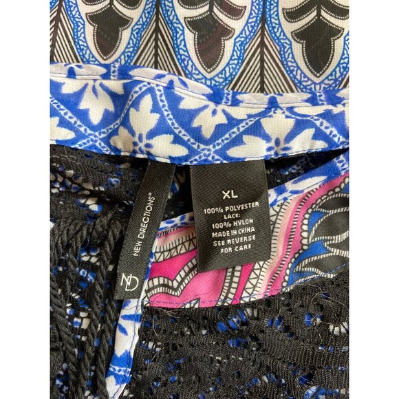 New Directions Womens Sheer Tunic Top XL Floral Blue Pink Lace-Up Boho Lagenlook - Picture 3 of 6